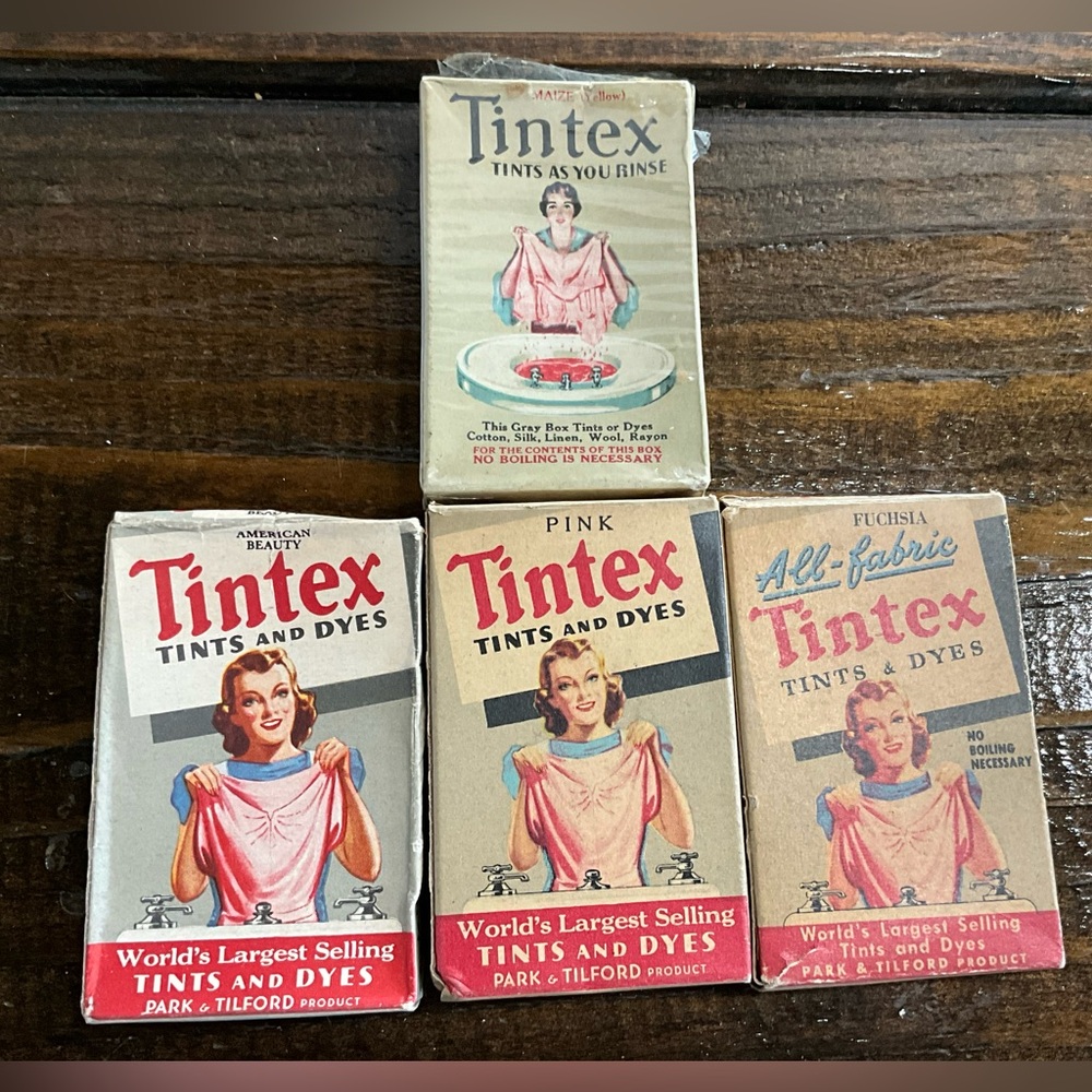 Vintage Lot of 4 Tintex Tints & Dyes Pink Maize Yellow Fuchsia MCM IOB Crafts